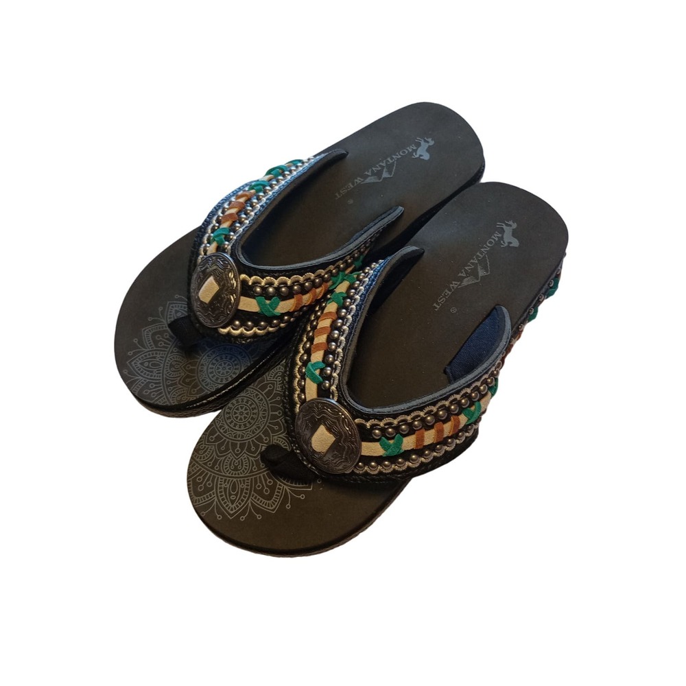 Montana West Hand-Stitch Concho Wedge Flip-Flops-Brown